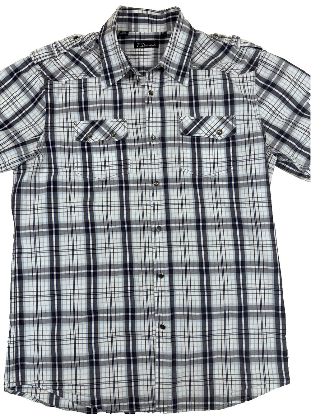 7 Diamonds Men's SS Shirt XL Multicolor Plaid Embroidered Design Pearl Snaps